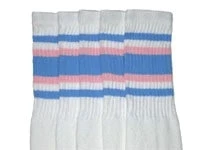 Skatersocks 22in Tube Socks - White With Double Baby Blue/Baby Pink Stripes